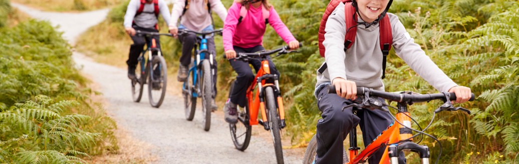 Eine Familie mit zwei Kindern fährt zusammen einen Feldweg mit dem Fahrrad entlang.