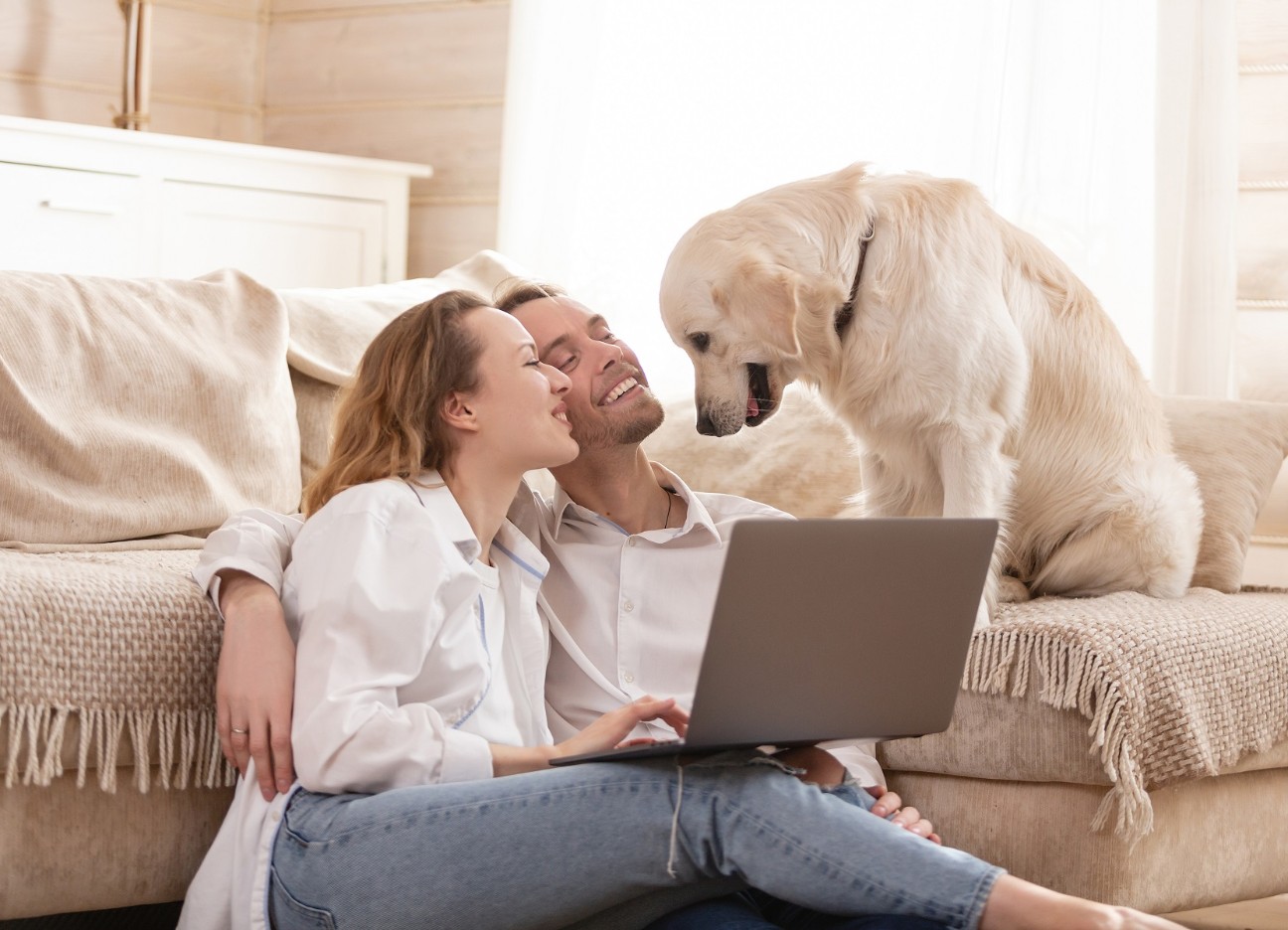 Junges Paar lächelt Hund an, während es auf dem Laptop eine Hundehaftpflichtversicherung abschließt.