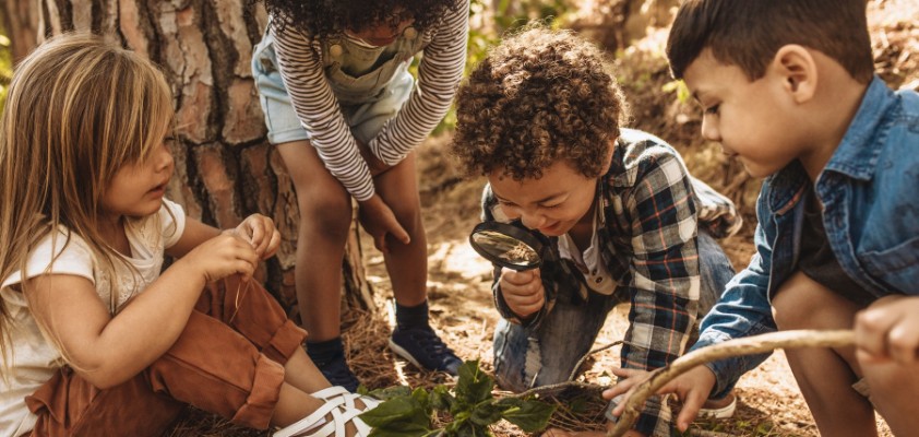 Kinder im Wald mit Lupe