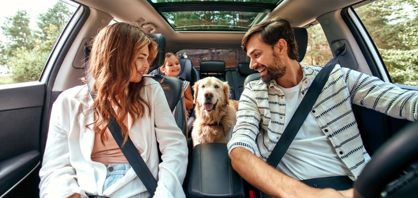 Eine junge Familie, fotografiert aus der Perspektive des Autocockpits, sitzt angeschnallt Auto und haben ihren goldbeigen Hund auf der Rückbank mit dabei.
